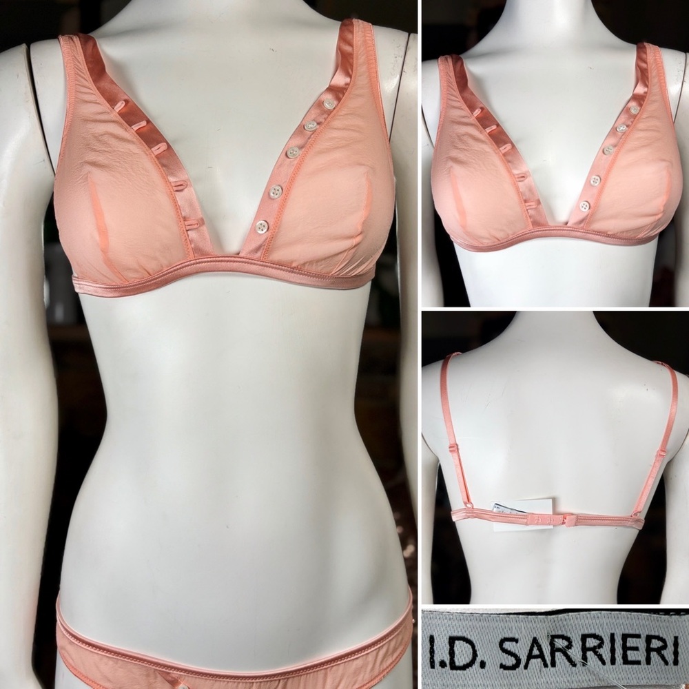 I.D. Sarrieri Pink Coral Silk Semi Sheer 36B Triangle Bralette w/ Button Details